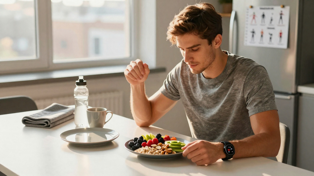 Young man with smartwatch eating a healthy fruit and nut breakfast at a kitchen table in daylight.