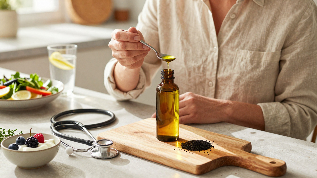 Person pouring oil from a spoon into a brown bottle on a kitchen counter with salad and stethoscope nearby.