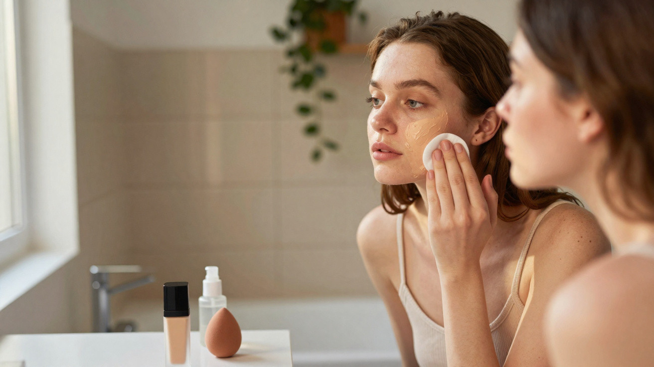 Young woman applying foundation to her face in front of a bathroom mirror with makeup products on the counter.