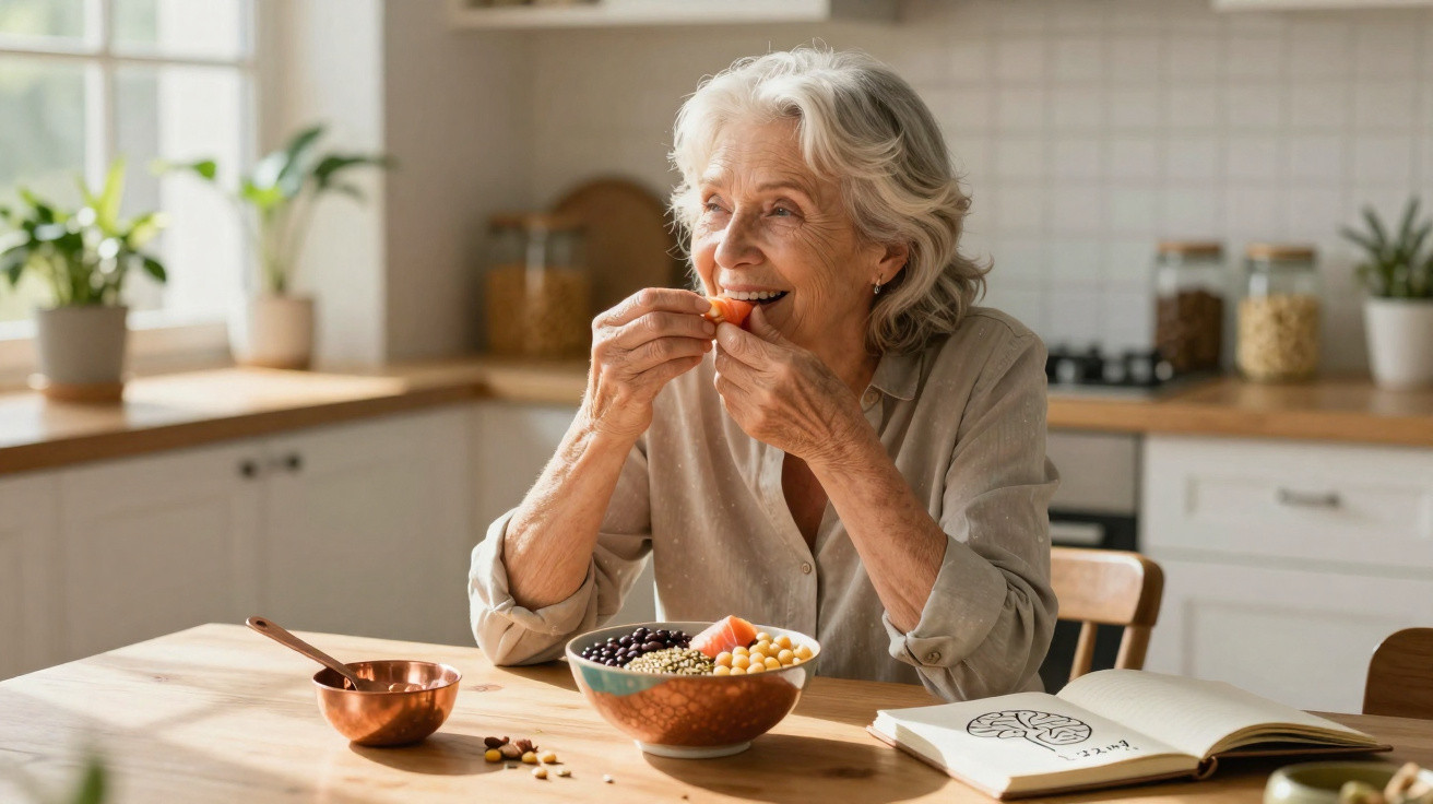 Elderly woman eating a healthy snack at a kitchen table with a bowl of nuts and an open notebook.