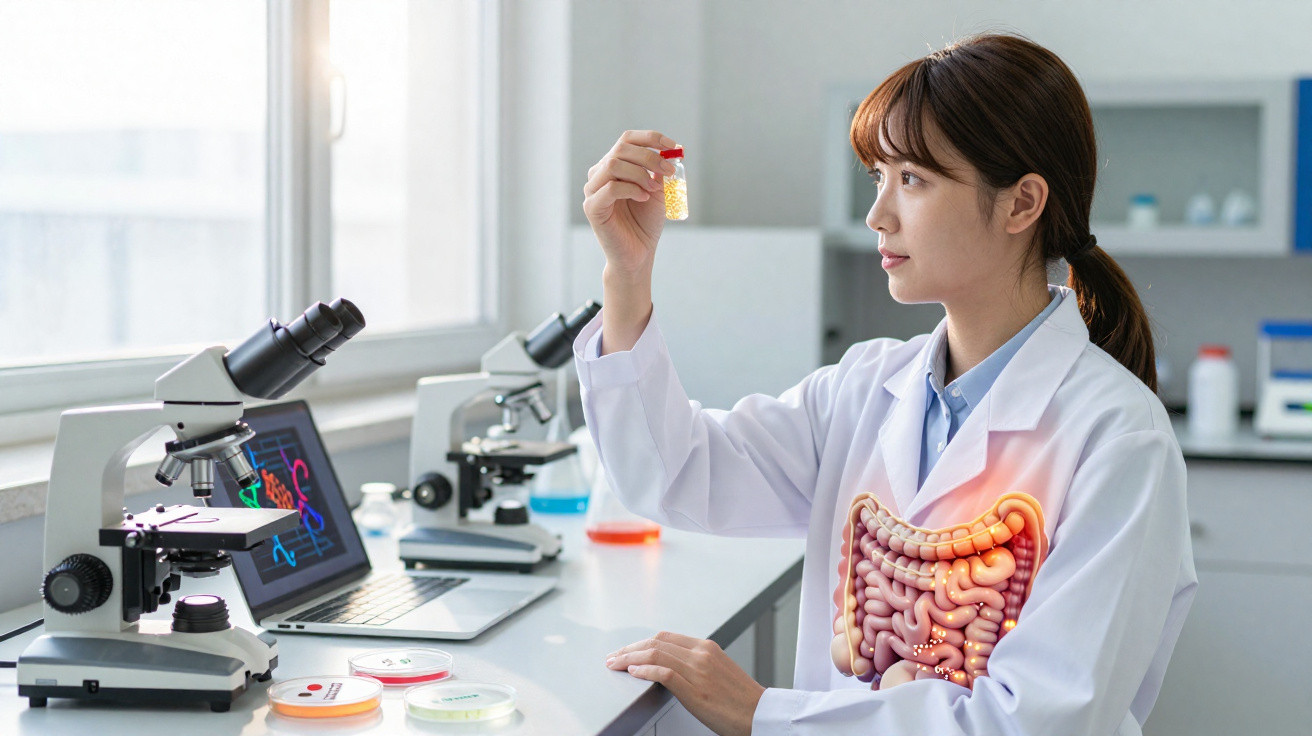 Female scientist in lab coat examining a vial with a digital intestine illustration overlay in a laboratory setting.
