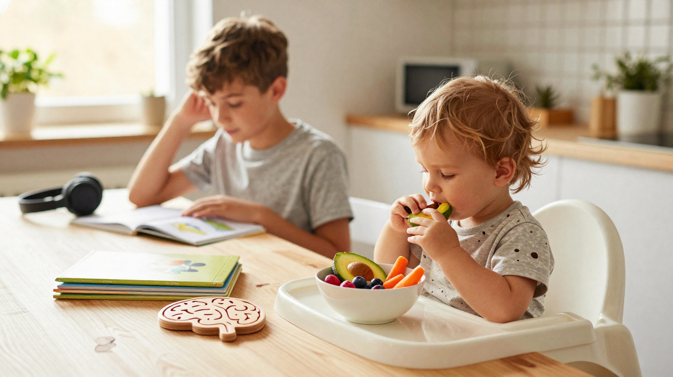 Toddler eating fruit and vegetables in highchair while older child reads a book at a wooden kitchen table.
