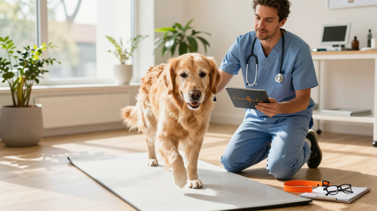 Veterinarian in blue scrubs examines a golden retriever walking on a mat in a bright clinic room.