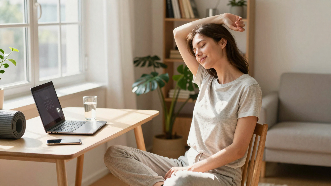 Woman stretching and relaxing by a wooden desk with a laptop and glass of water in a bright cosy room.