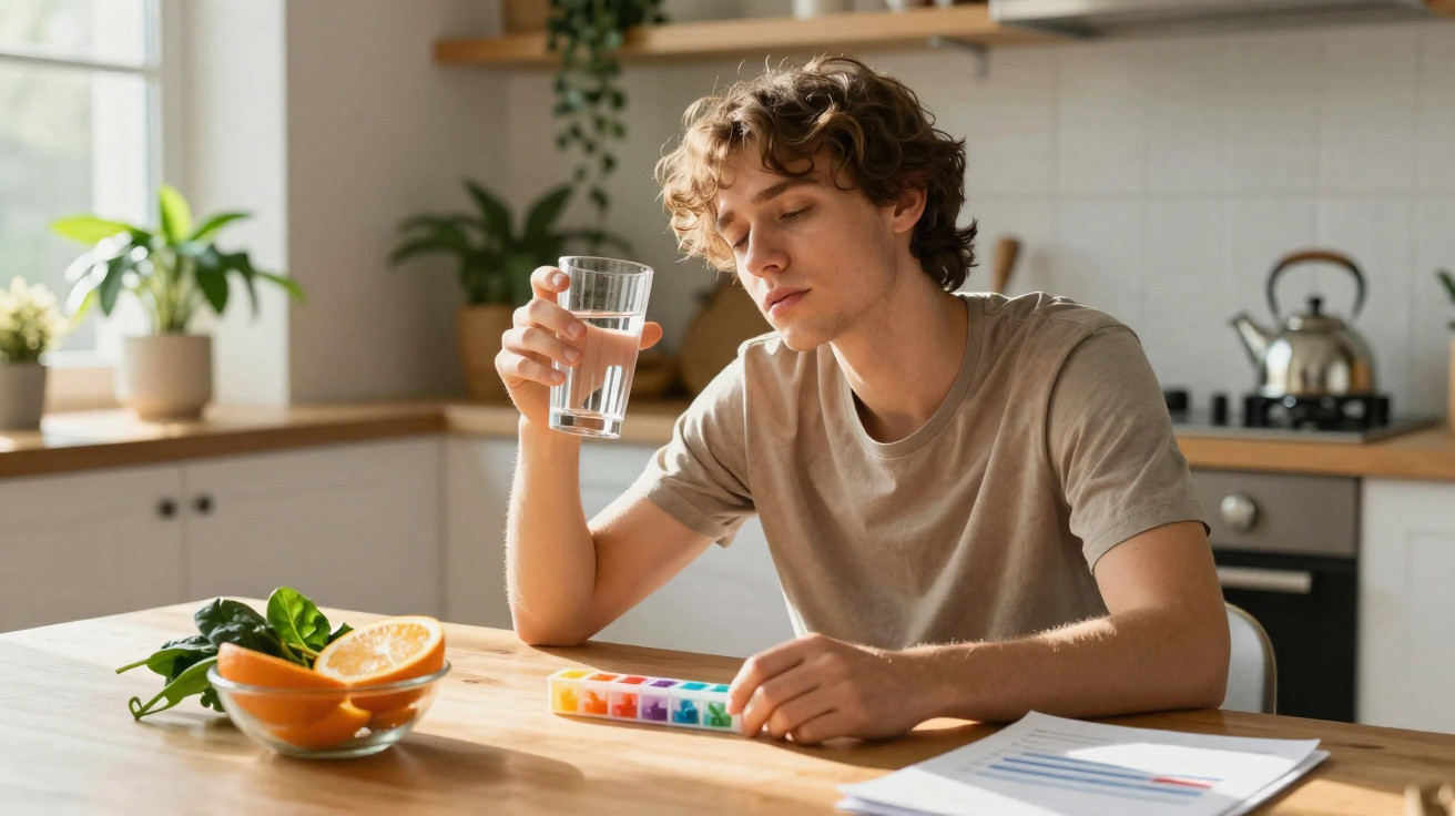 Young man holding a glass of water sitting at a kitchen table with medication and fruit.