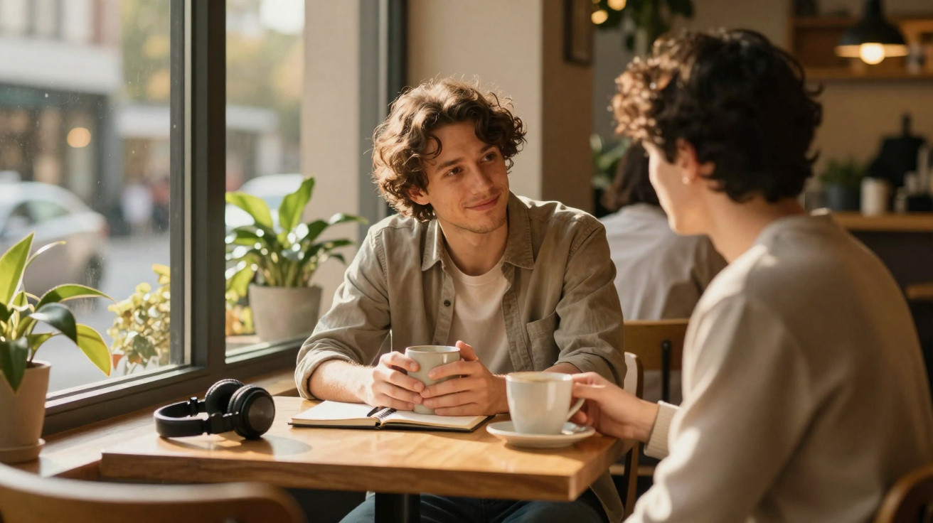 Two young men chatting and drinking coffee at a cafe table near a window with plants and headphones.