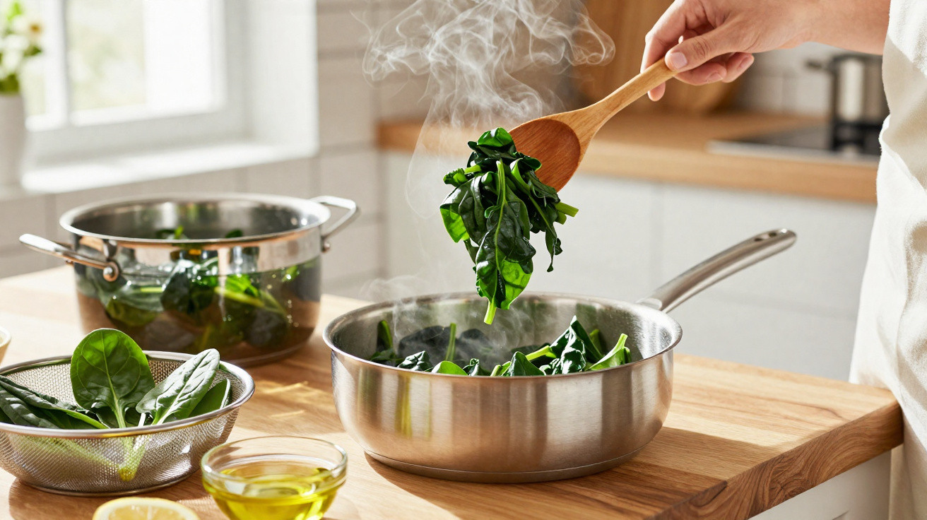 Hand stirring steaming spinach in a frying pan on a wooden kitchen counter with fresh spinach nearby.