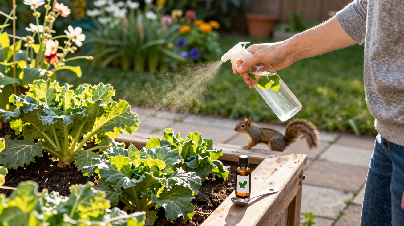 Person spraying water on plants in a raised garden bed with a squirrel in the background.