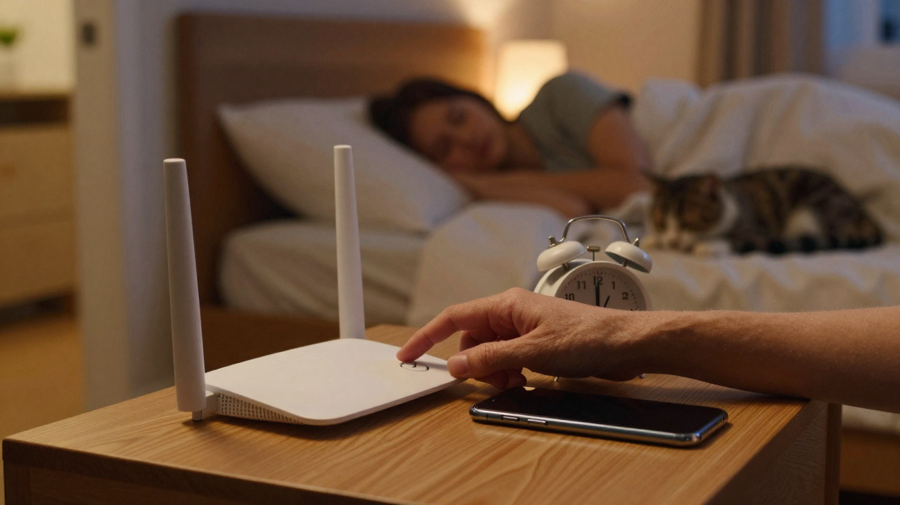 Hand pressing button on a white Wi-Fi router on bedside table with smartphone, alarm clock, sleeping woman and cat in backgro