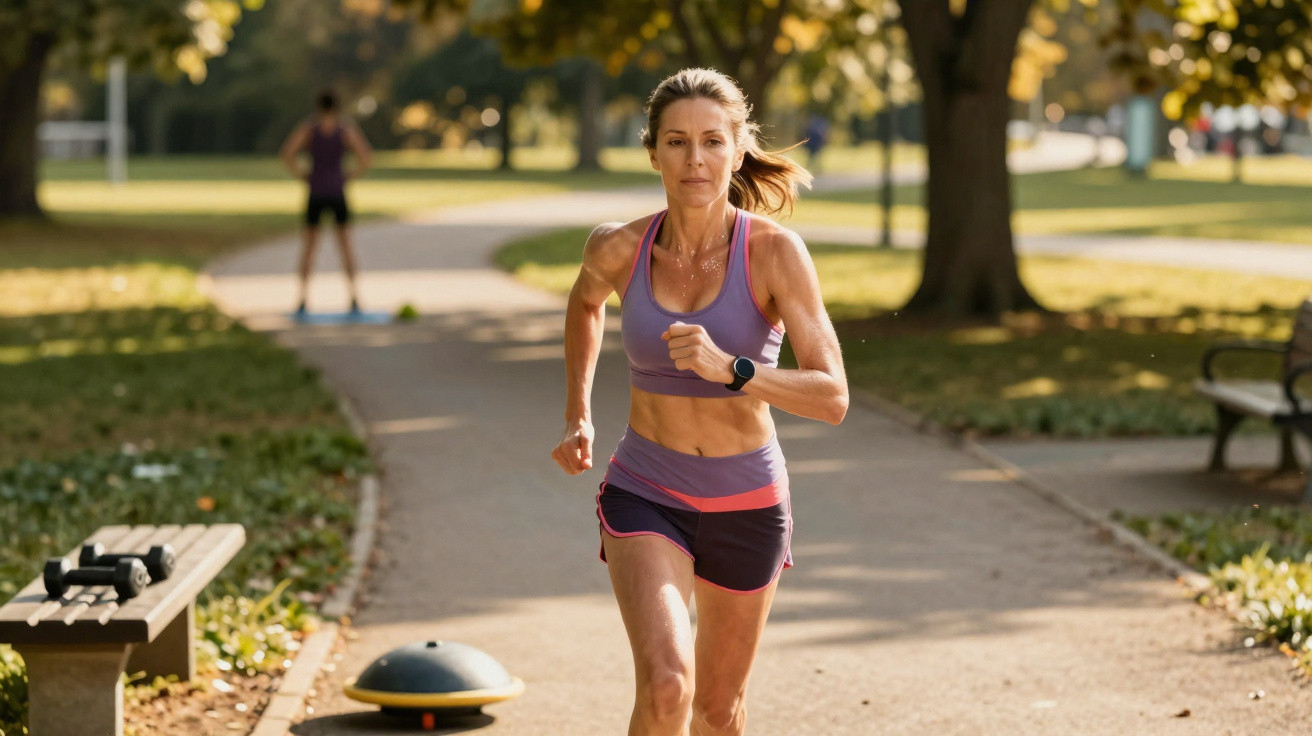 Woman in sportswear running on a path in a sunlit park with exercise equipment on a bench nearby.