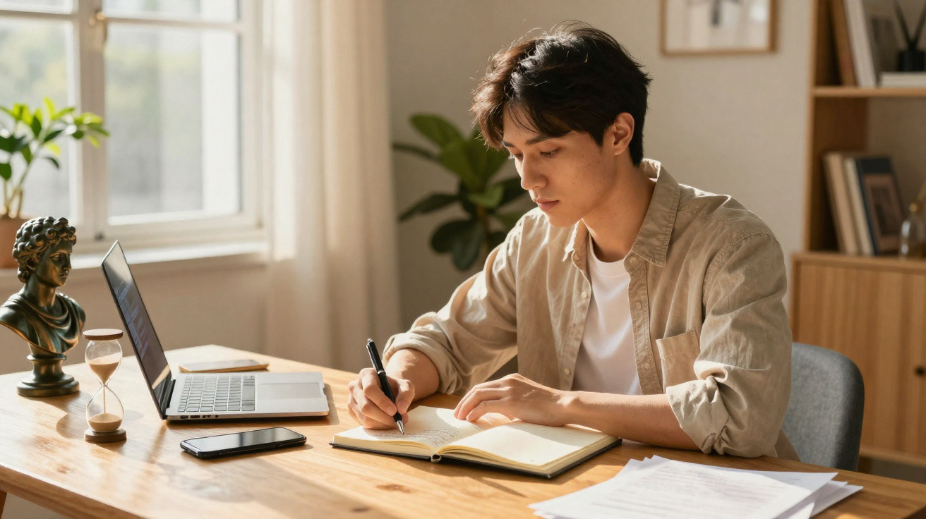 Young man writing in a notebook at a wooden desk with a laptop, phone, hourglass, and bust sculpture nearby.