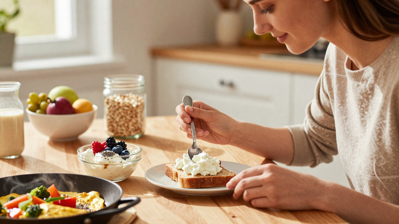 Woman spreading cream cheese on toast at a wooden kitchen table with healthy breakfast ingredients nearby.