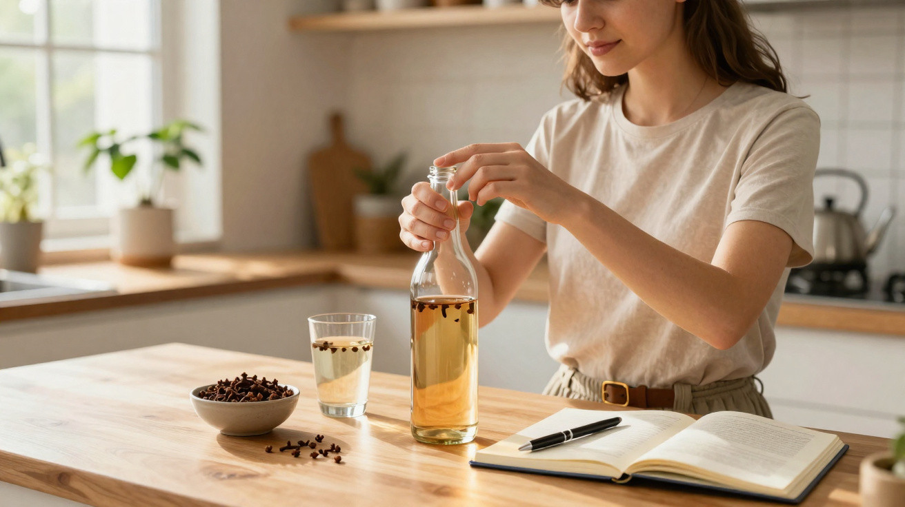 Person opening a bottle with spices beside a glass of infused water and an open book on a kitchen table.