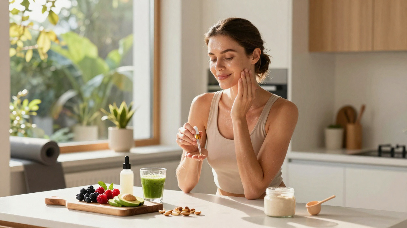 Woman applying skincare serum at kitchen counter with healthy snacks and green smoothie nearby.