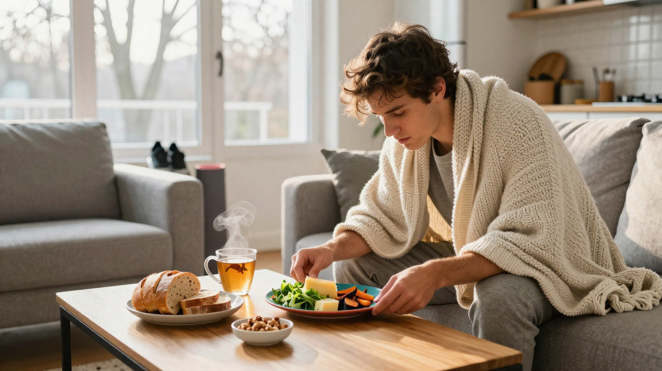 Young man wrapped in a knitted blanket preparing a snack at a wooden table in a cosy living room.