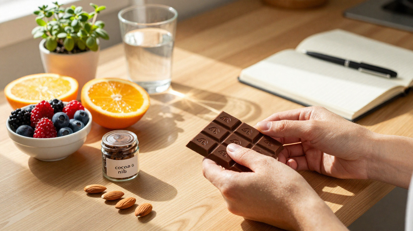 Hands holding a chocolate bar on a wooden table with fruits, almonds, cocoa nibs, a glass of water, and a notebook.