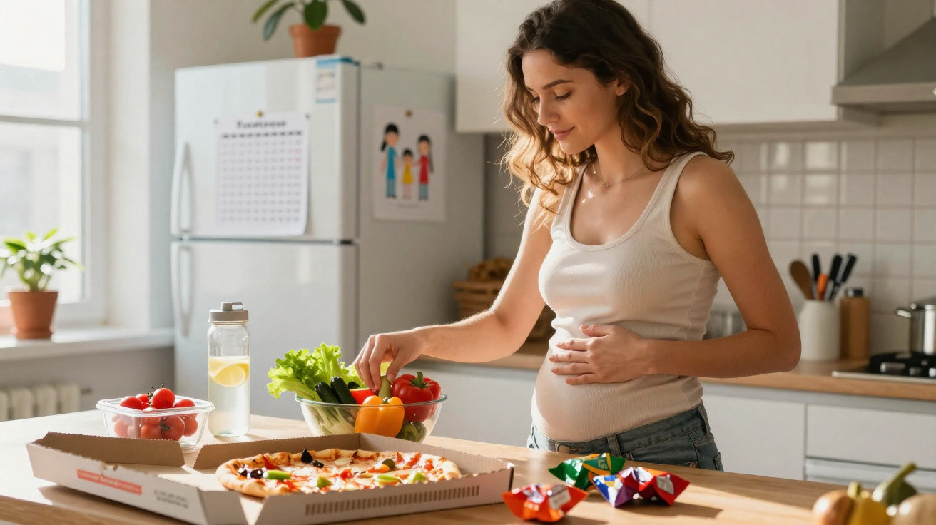 Pregnant woman in kitchen choosing vegetables from a salad bowl next to a pizza and snacks on the counter.