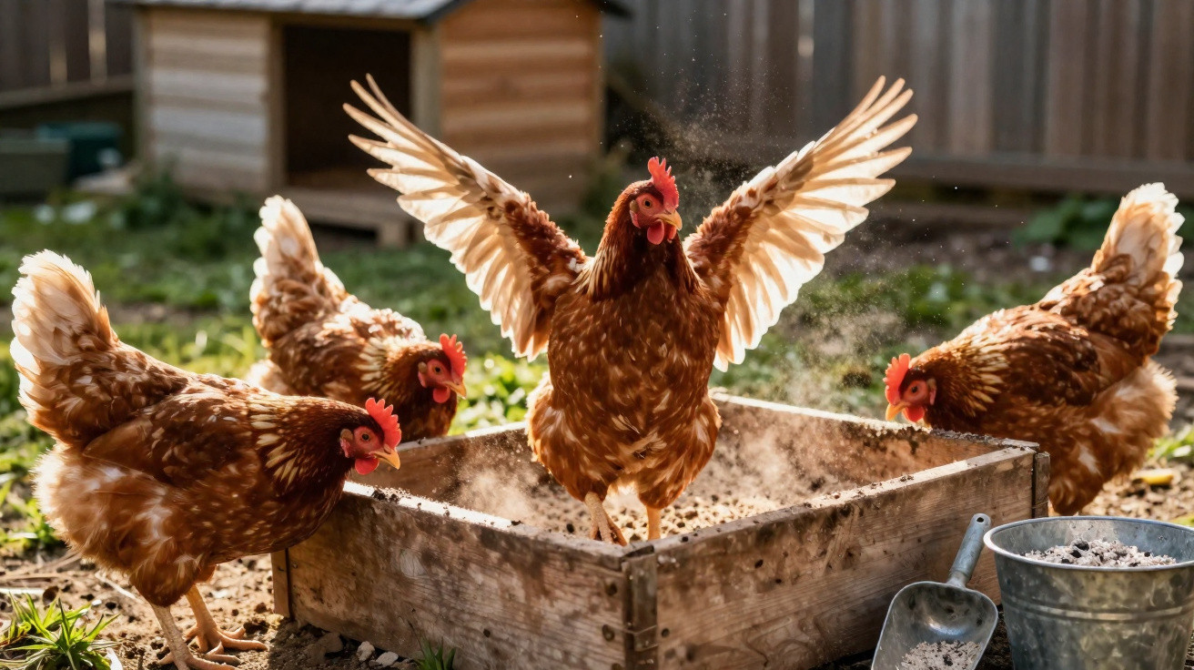 Brown hens pecking and fluttering around a wooden feeding box in a sunlit outdoor coop.
