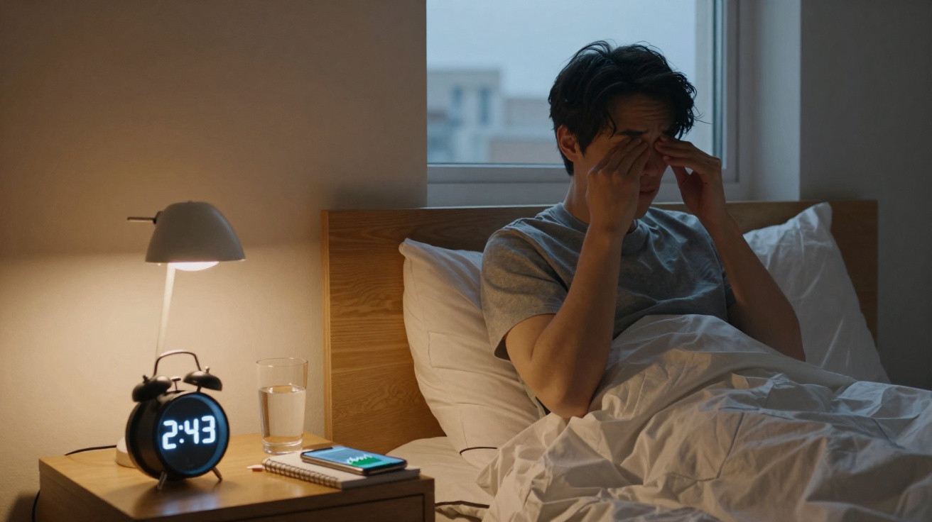 Man sitting in bed rubbing his eyes beside a nightstand with an alarm clock showing 2:43 AM and a smartphone.