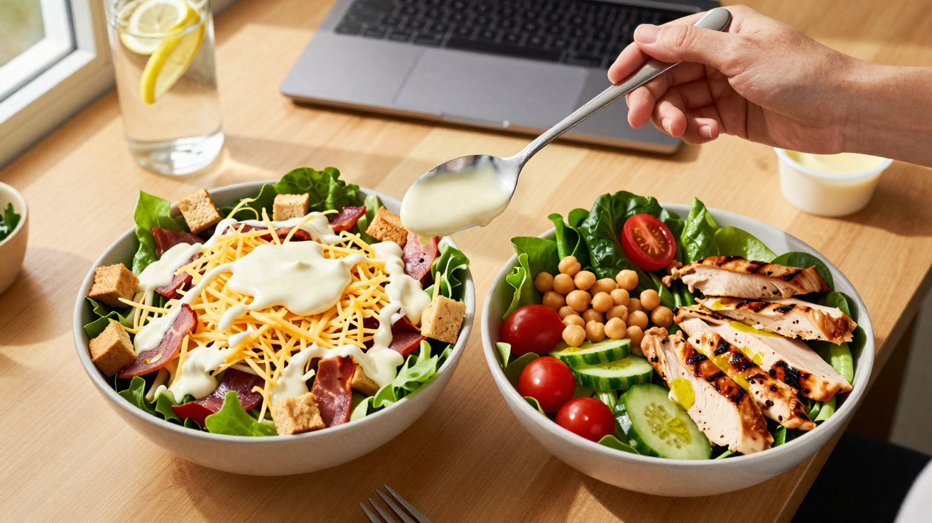 Two fresh salads in bowls on a table with grilled chicken, chickpeas, cheese, croutons, and dressing being added.