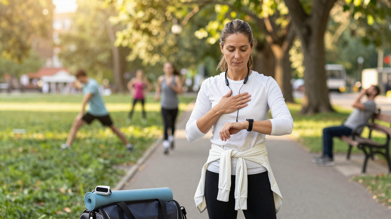 Woman checking her heart rate on a smartwatch while exercising outdoors in a park with others in the background.