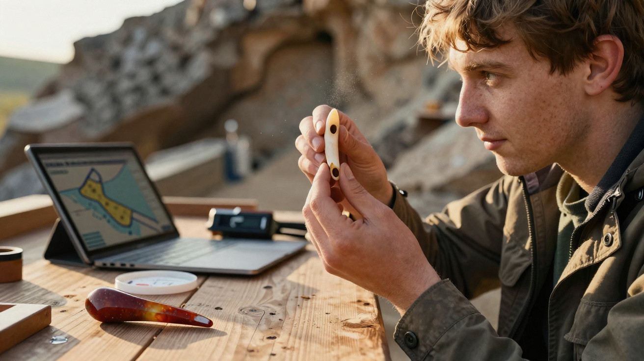Young man examining a handcrafted wooden object at an outdoor workspace with a laptop showing a design.