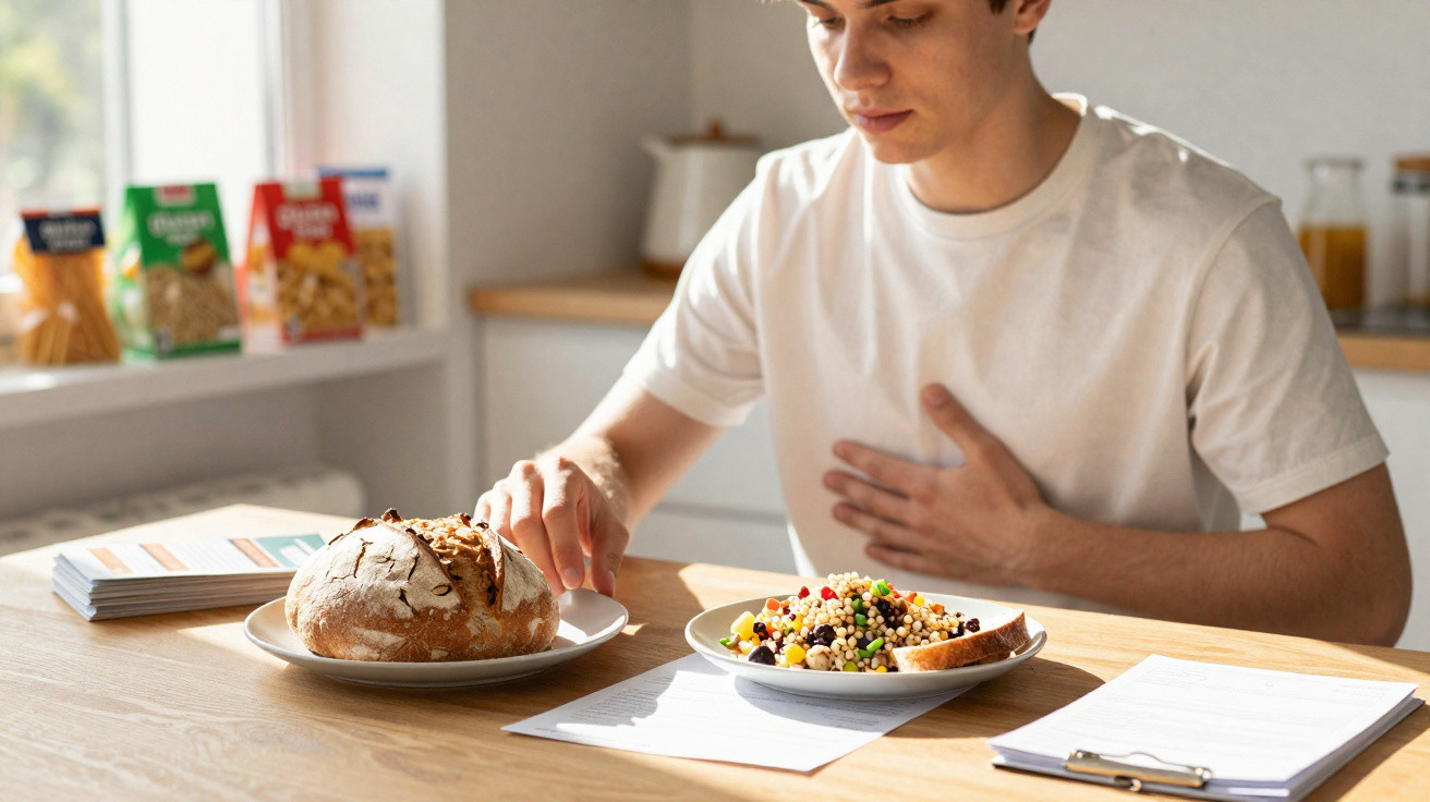 Young man experiencing chest discomfort while sitting at a table with food and documents in a kitchen.