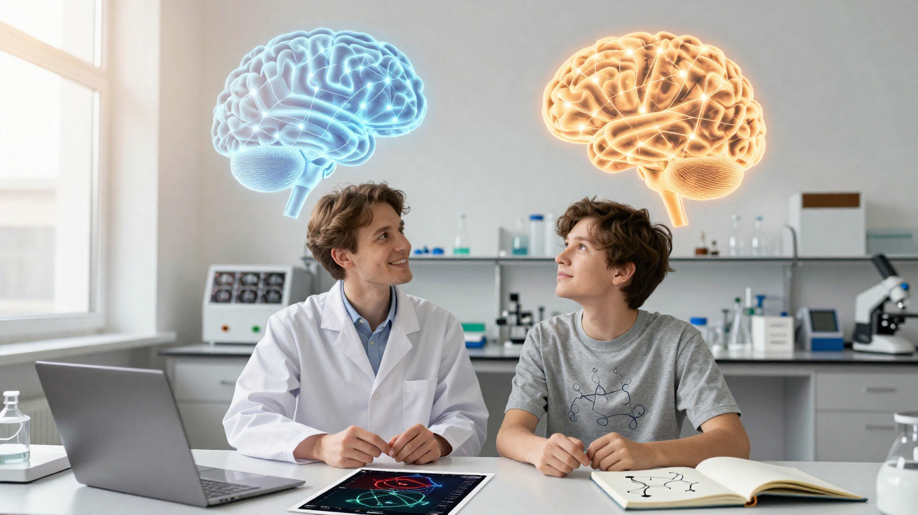 Scientist and teenage boy in lab discussing brain holograms, with laptop and open book on table.