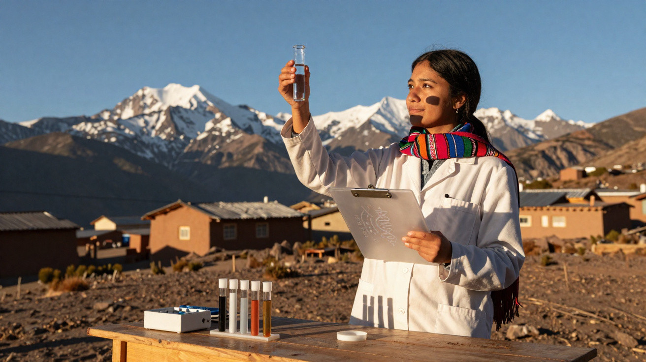 Scientist in a lab coat analysing a liquid in a test tube outdoors, with mountains and village in the background.