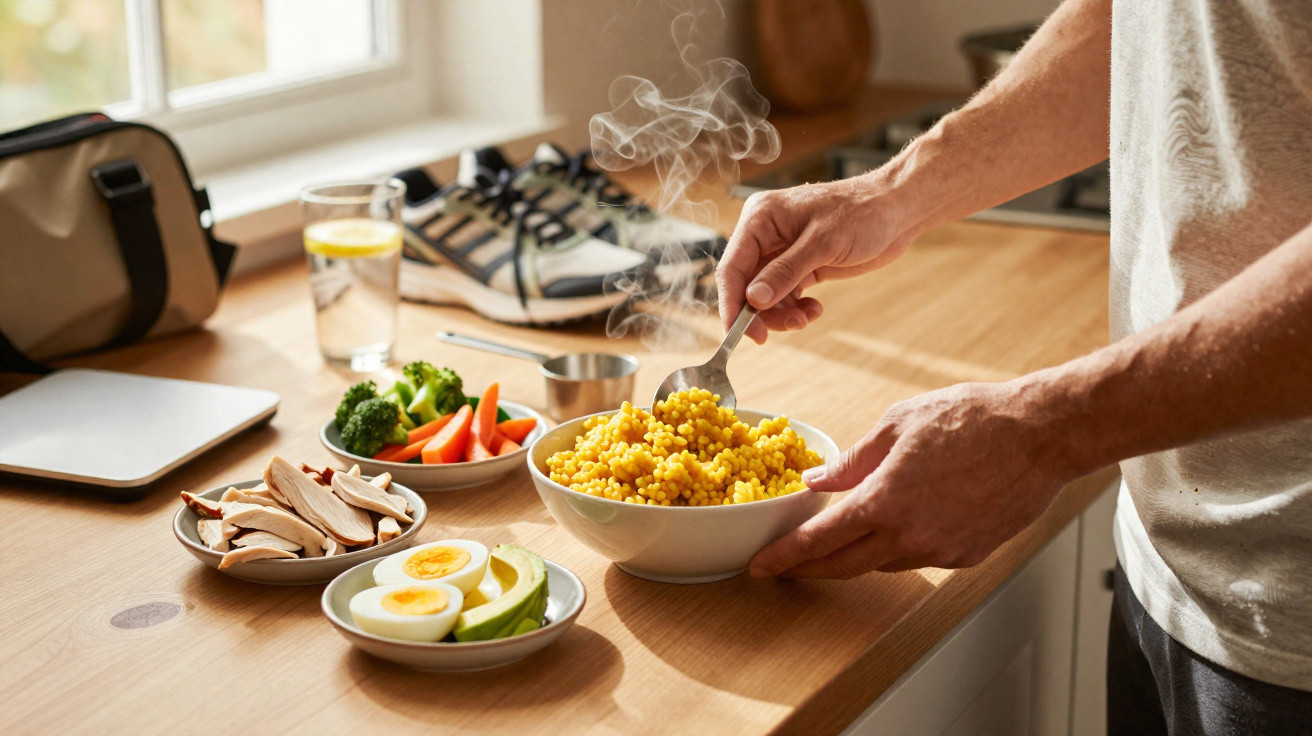 Person stirring steaming yellow couscous in a bowl on a kitchen counter with healthy food and water nearby.