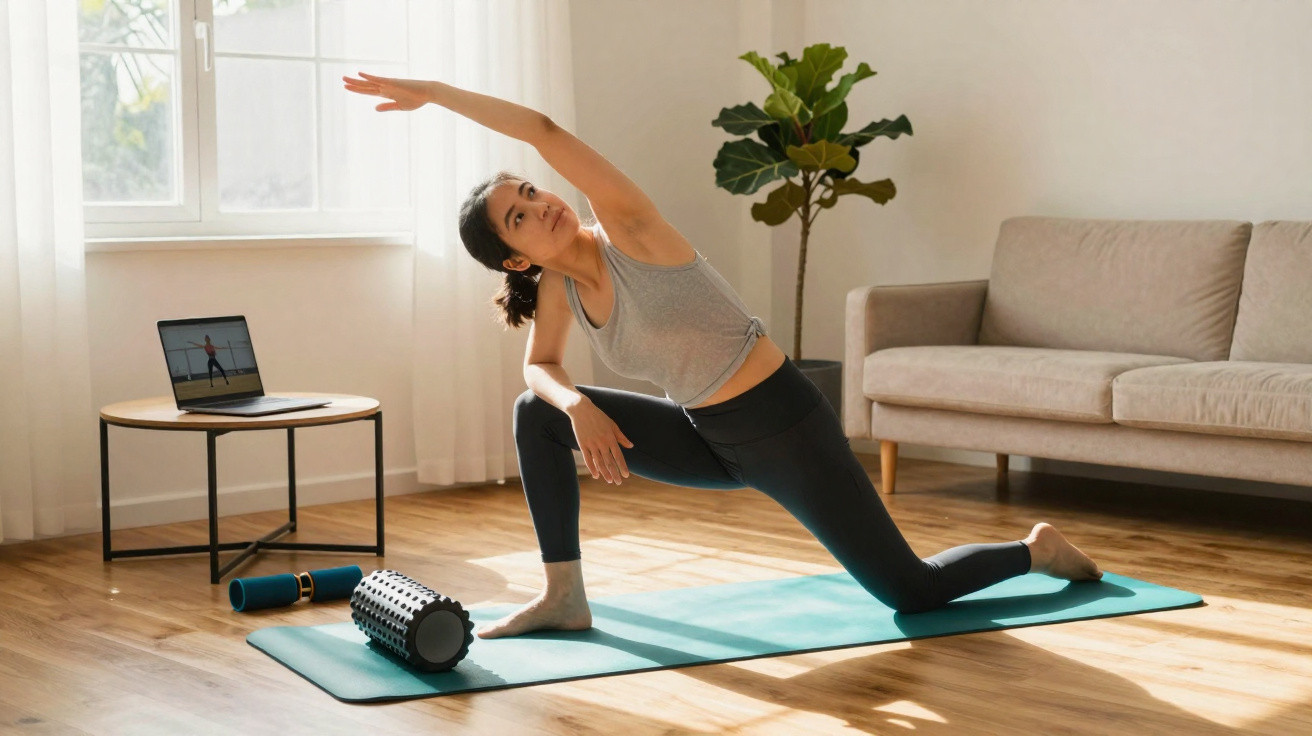 Woman stretching on a yoga mat at home following an online workout session from a laptop.