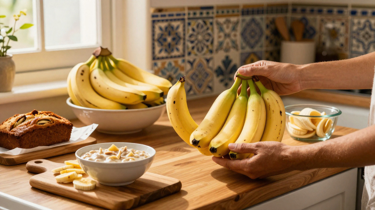 Person holding a bunch of bananas on a kitchen countertop with cereal, sliced bananas, and cake nearby.