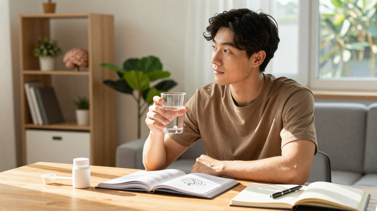 Young man holding a glass of water while studying at a table with books and a medicine bottle nearby.