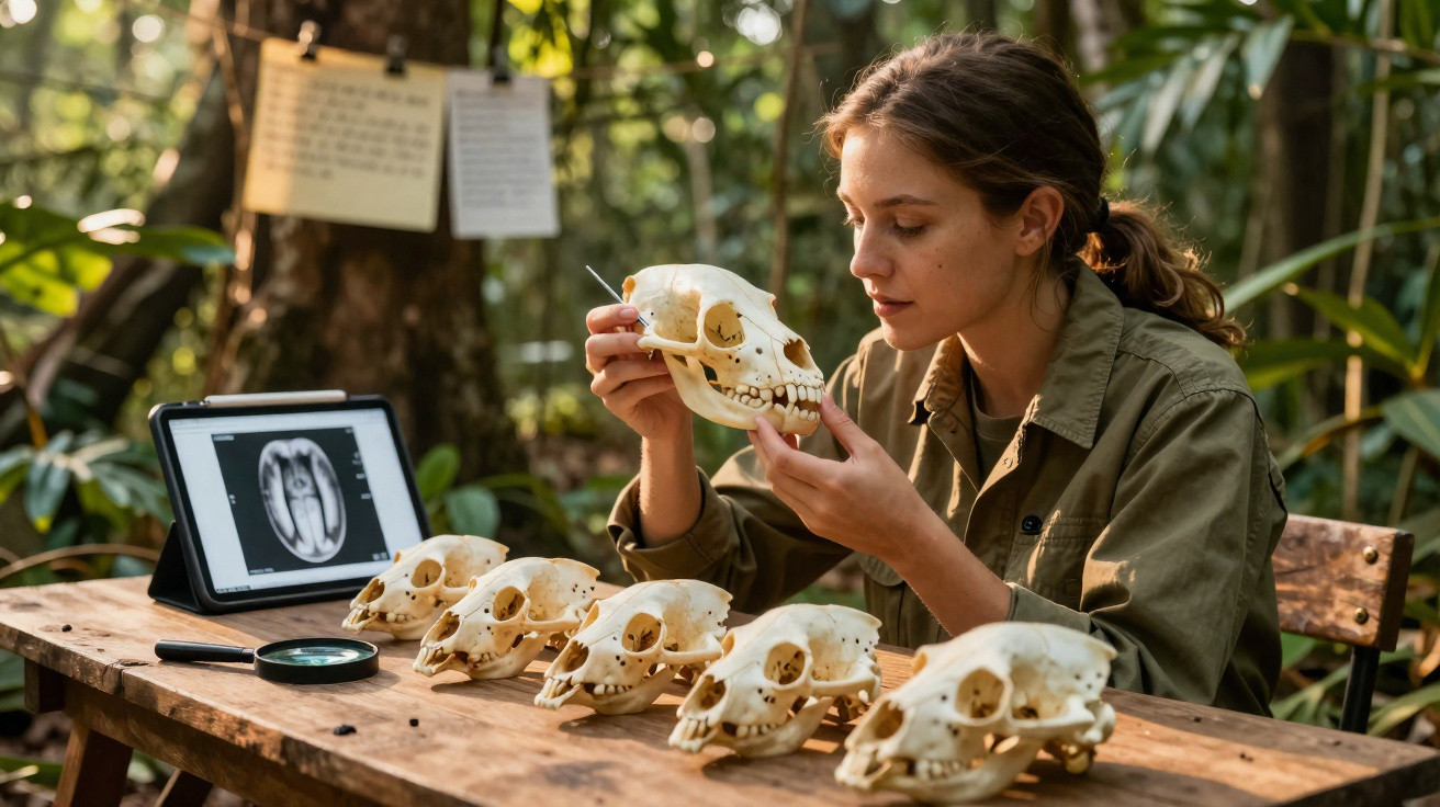 Woman examining animal skulls on wooden table outdoors with brain scans displayed on a tablet nearby