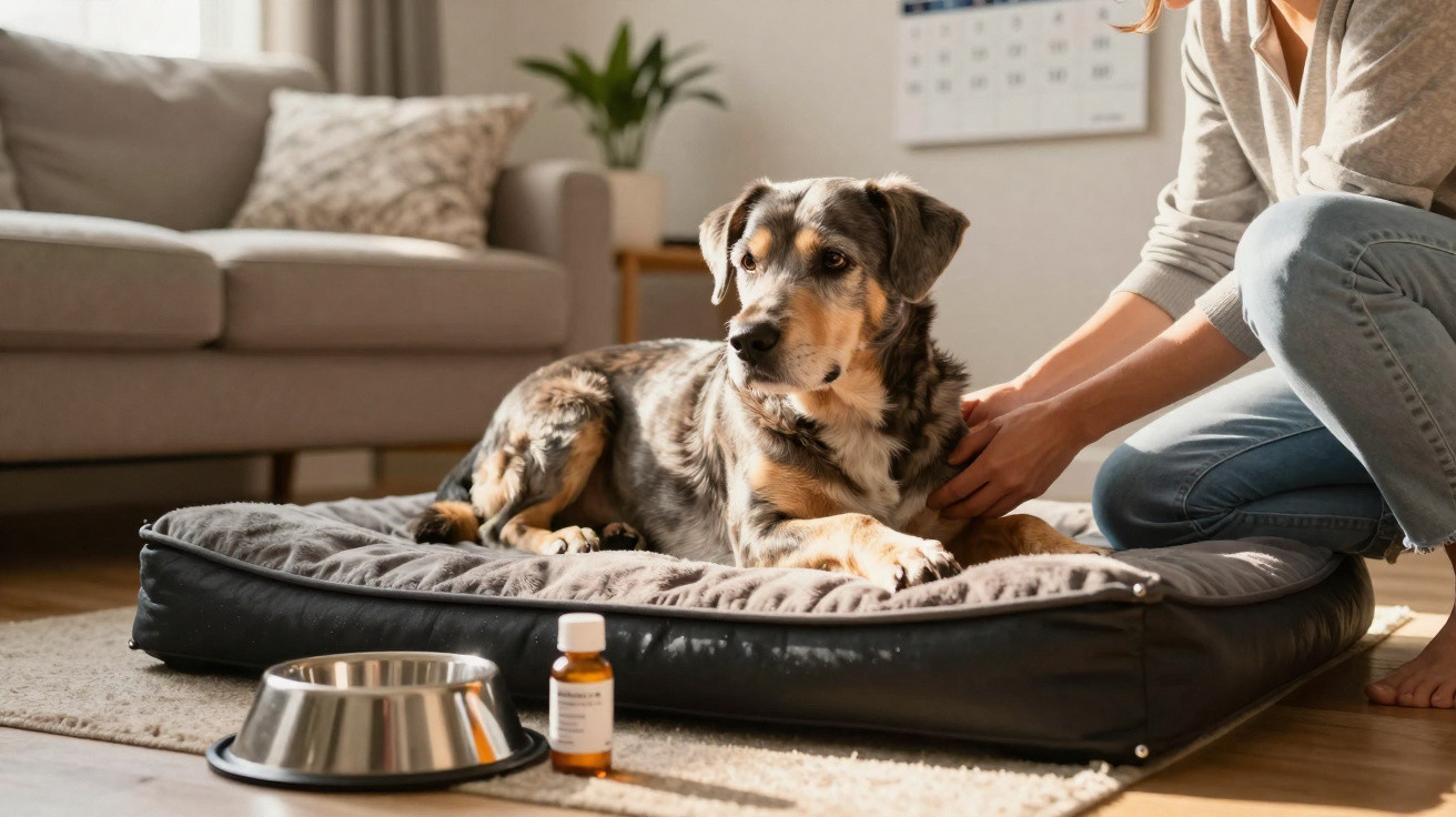 Dog lying on a bed with a person beside it, a metal bowl and medicine bottle on the floor nearby.