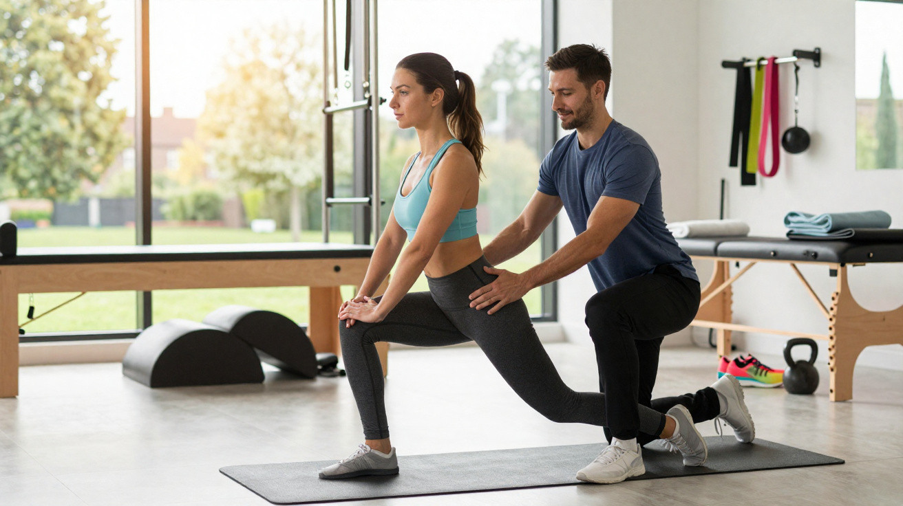 Personal trainer assisting woman with lunge stretch on yoga mat in bright modern gym studio.