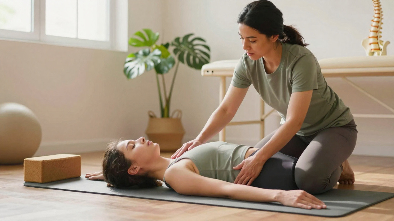 A woman providing physical therapy or guided stretching to another woman lying on a yoga mat in a bright room.