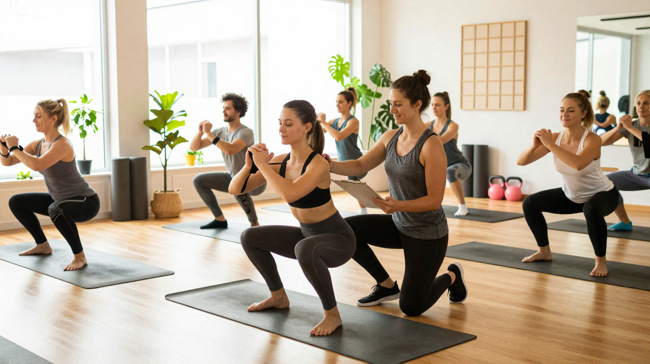 A group of people doing yoga squats in a bright studio with an instructor guiding them.