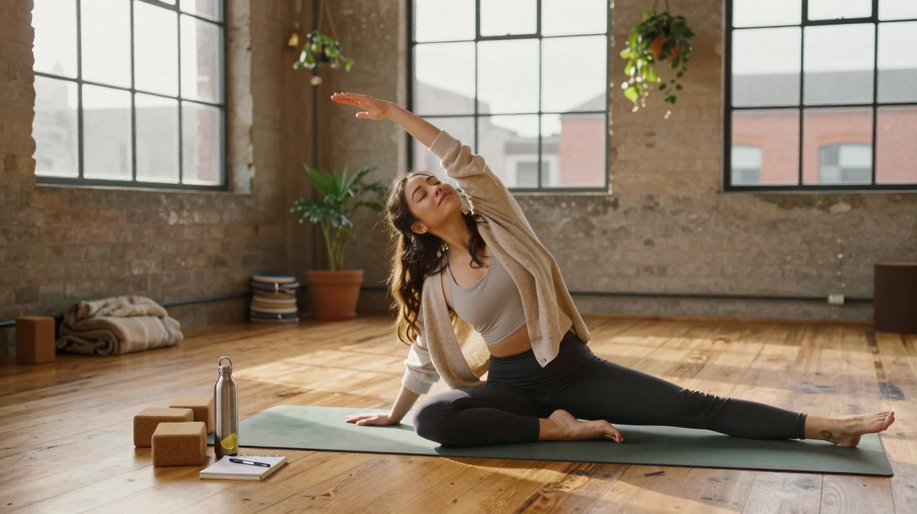 Woman stretching on a yoga mat in a sunlit room with large windows and wooden floors.