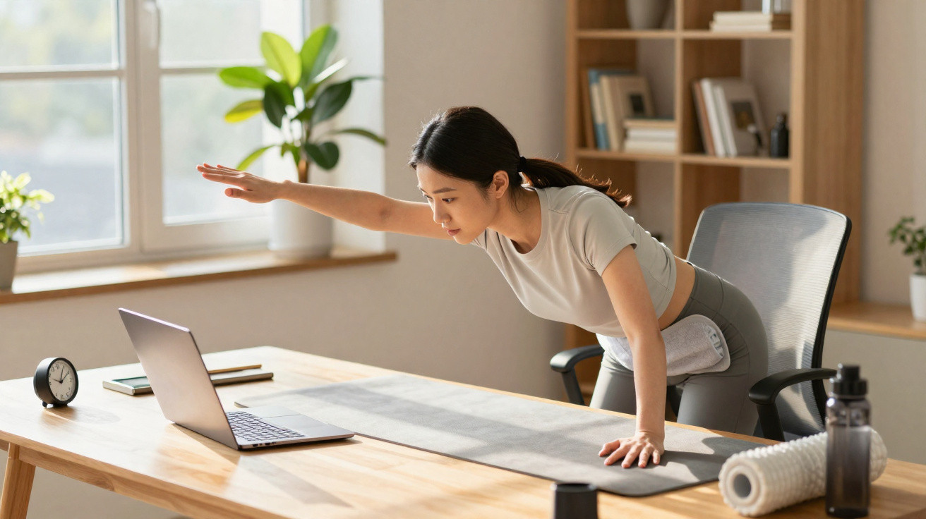 Woman in sportswear stretching arm forward while leaning on desk watching laptop in bright room.
