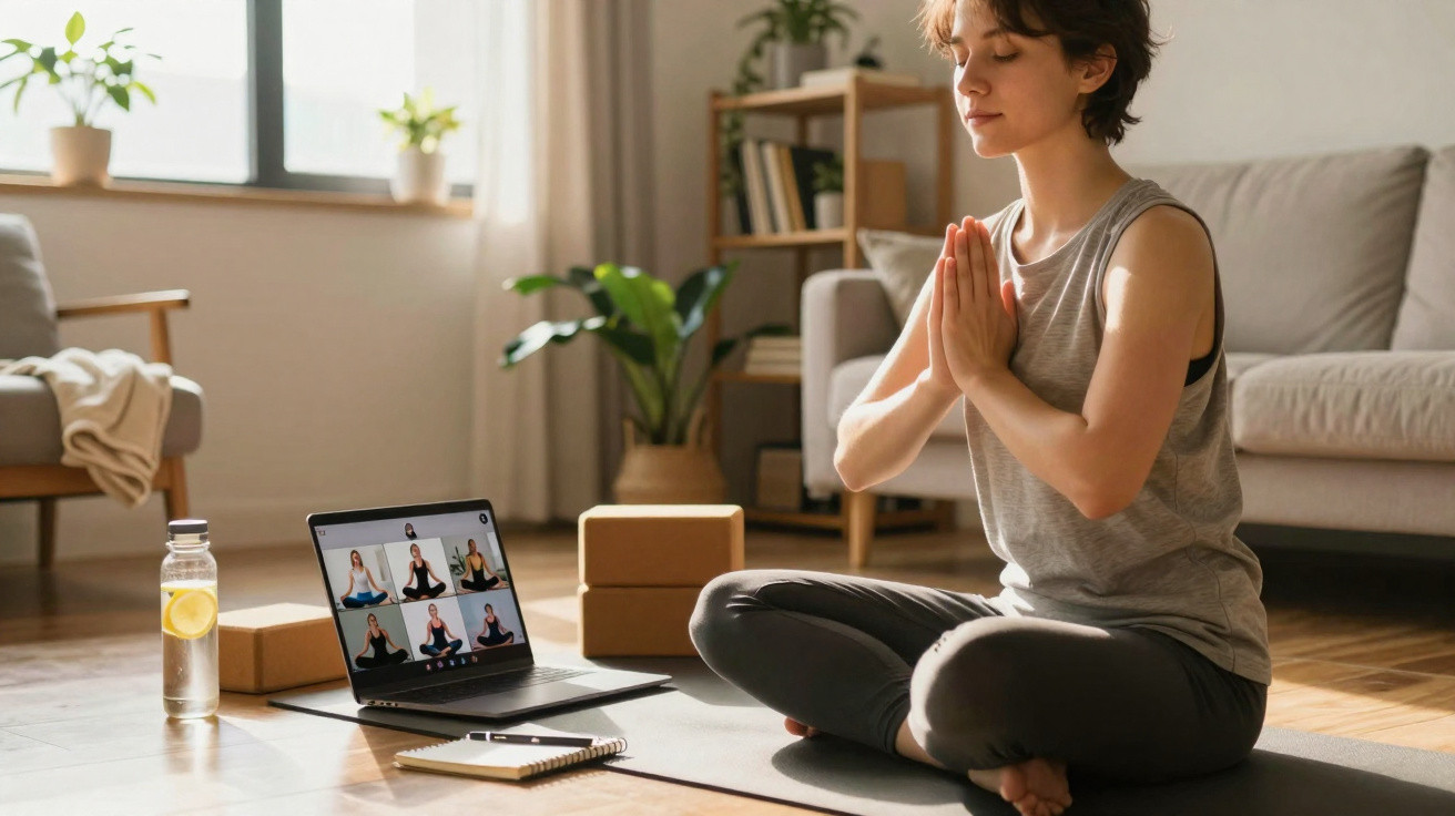 Woman practising yoga meditation at home following an online class on a laptop in a bright living room.