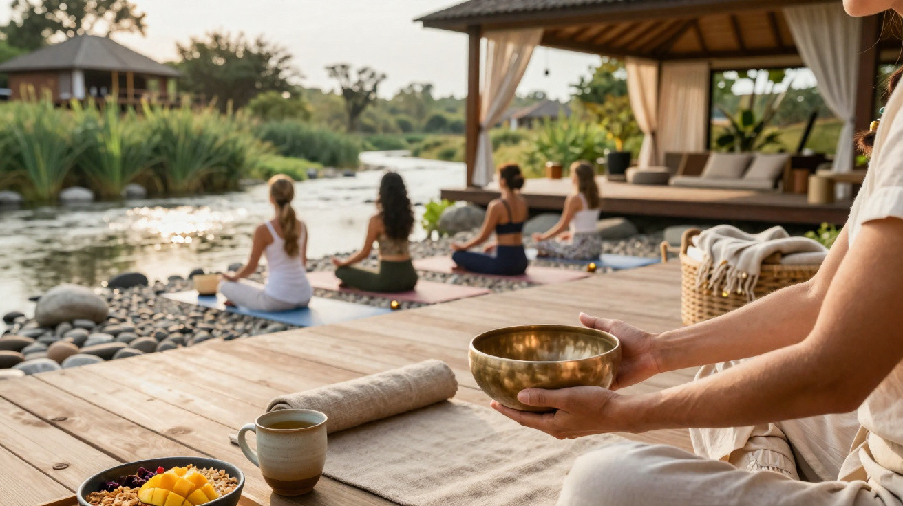 People meditating on yoga mats near a river with a person holding a singing bowl in the foreground.
