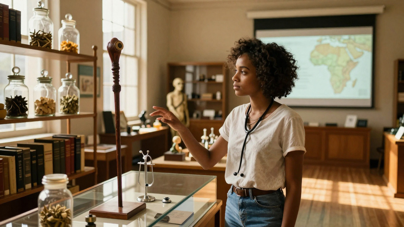 Woman with stethoscope examining anatomical eye model in a museum room with medical displays and a world map.