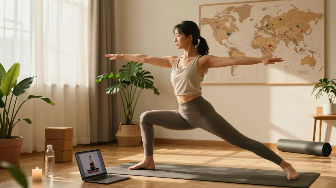 Woman practising yoga warrior pose on mat following online class in bright room with plants and world map.