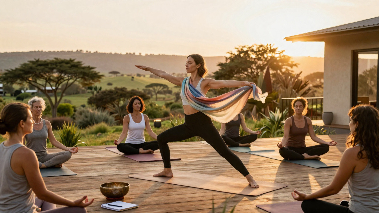 Group of women practising yoga outdoors at sunset with instructor in warrior pose on wooden deck.