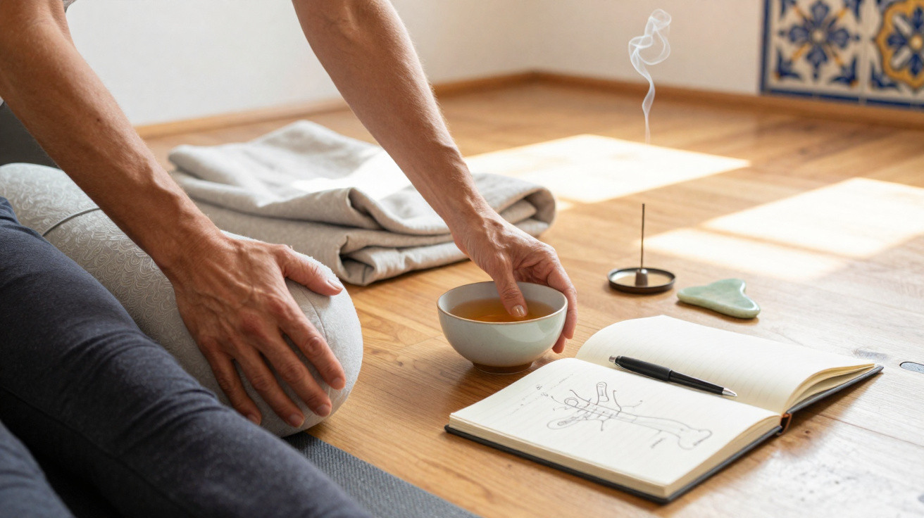 Person sitting on floor with open notebook, tea cup, and burning incense stick nearby during relaxation.