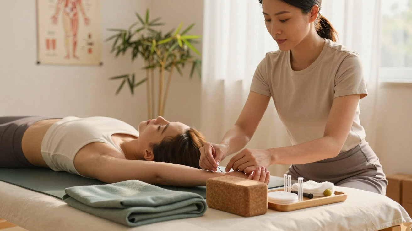 Therapist performing acupuncture on a woman lying on a treatment bed in a calm, softly lit room.