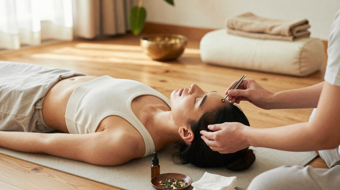 Woman receiving facial acupressure therapy while lying on a mat in a calm, sunlit room.