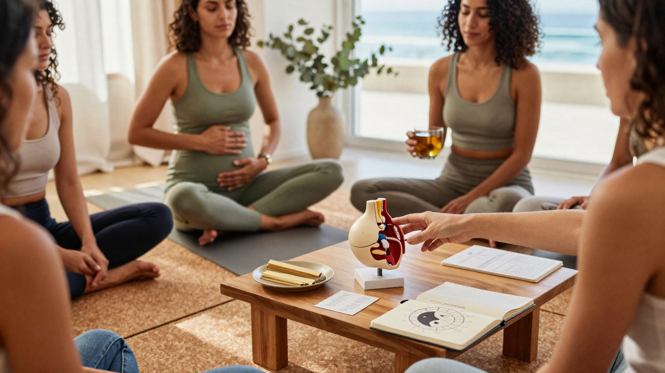 Group of women sitting in a circle indoors, focusing on a heart model and anatomical book on a wooden table.