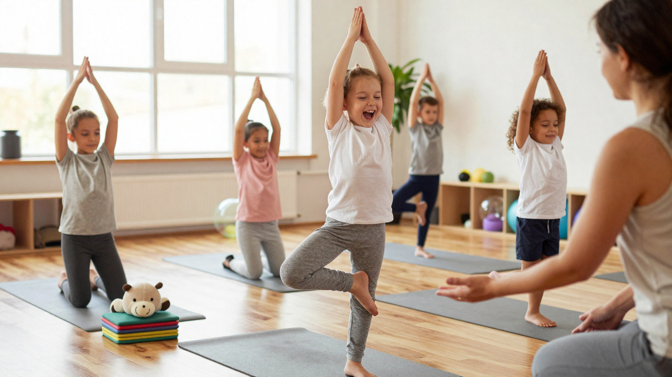 Children practicing yoga poses on mats in a bright room with an instructor guiding them.
